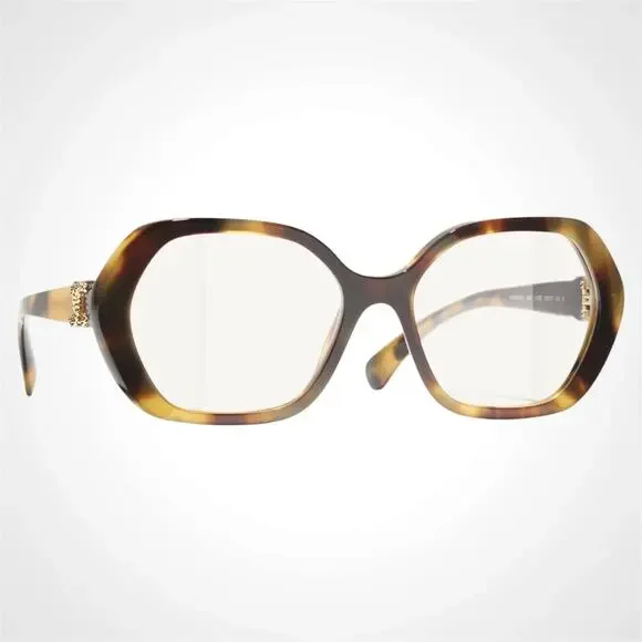 New CHANEL Eyeglasses Brown Gold Chain CC Square Acetate Womens - Picture 1 of 6